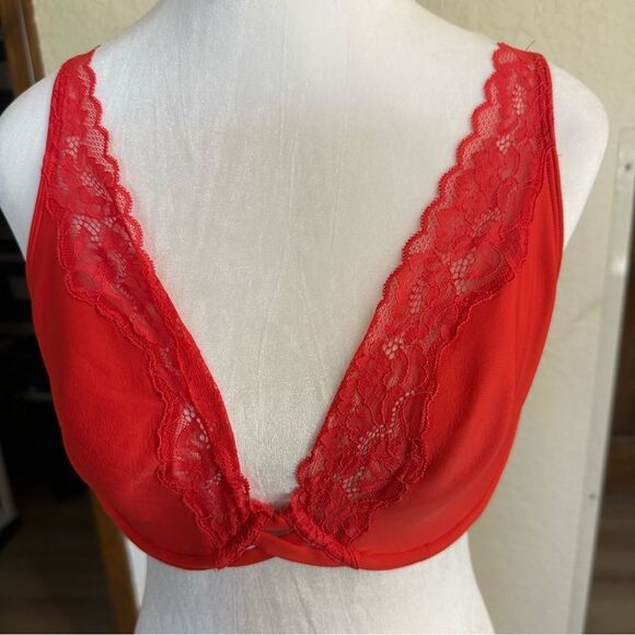 Soma Essentials RED 36D Plunge Unlined Bra with Lace Trim - Picture 1 of 8